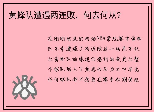 黄蜂队遭遇两连败，何去何从？